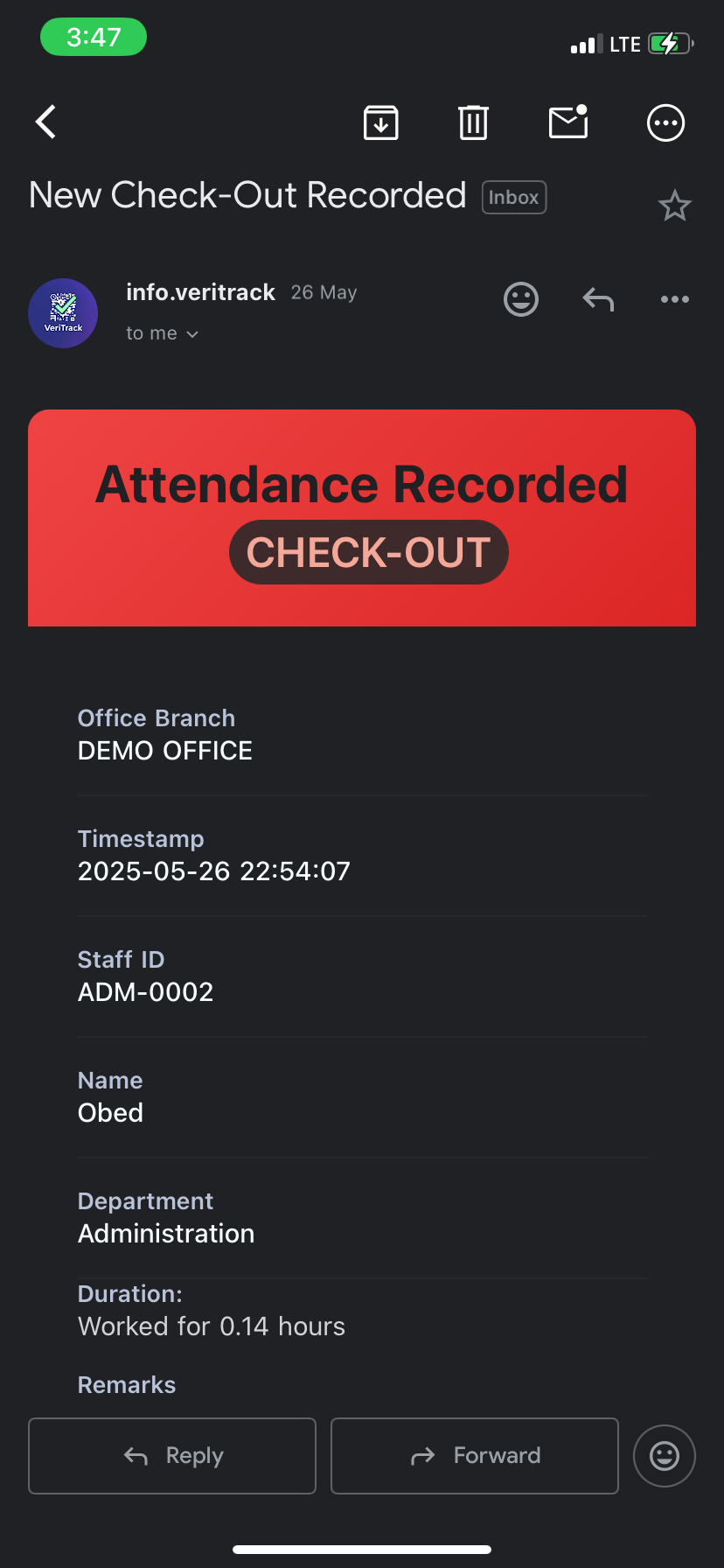 Real-time check-in alert